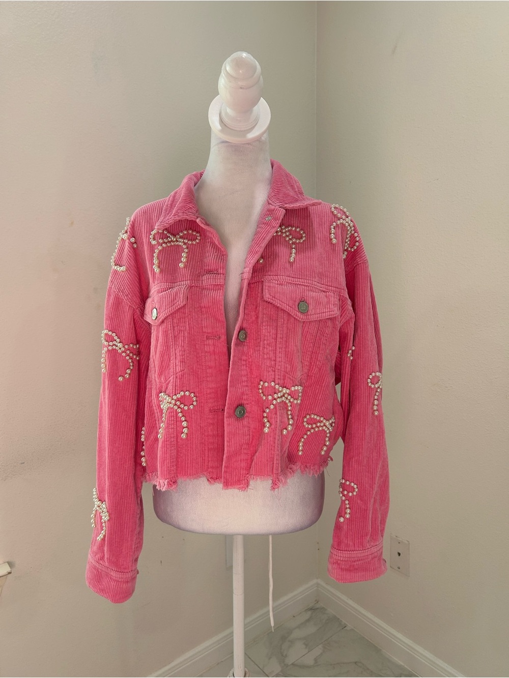 Peach Love California Pink Pearl Bow Coquette Corduroy Jacket, Size M